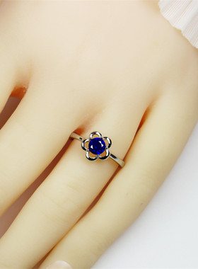 五叶梅花坦桑石戒指女夏圆形半克拉蓝色宝石珠宝925纯银D铂金开口