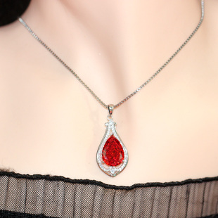 雷迪恩冰花切割帕德玛石榴石水滴吊坠项链项坠红色宝石925纯银女