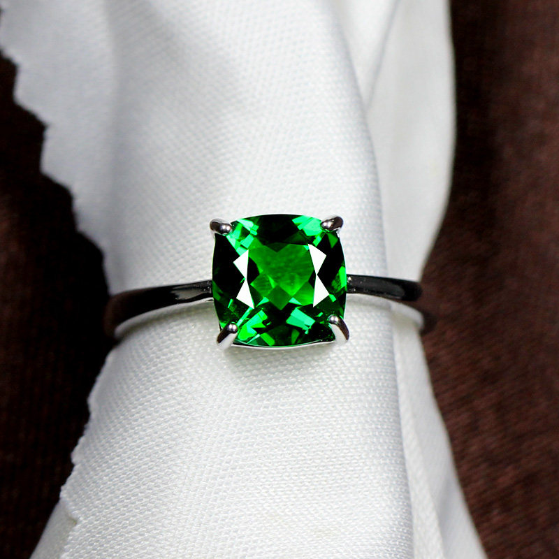 简约方形祖母绿戒指女时尚复古925纯银单戒子个性绿宝石碧玺开口