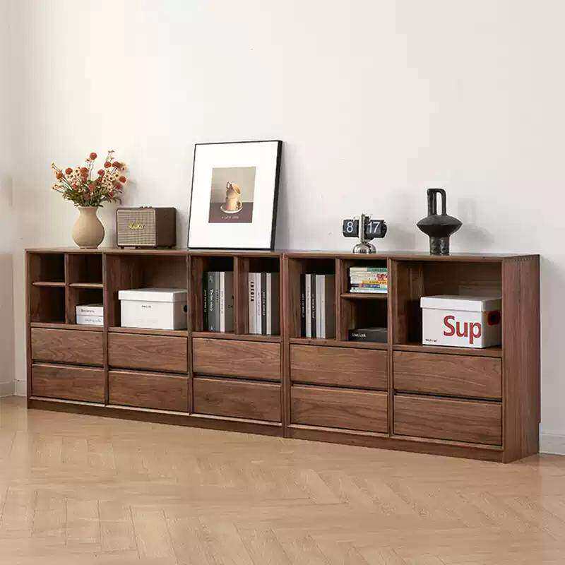 黑胡桃木矮书柜落地自由组合收纳柜北欧简约格子柜实木储物柜书架