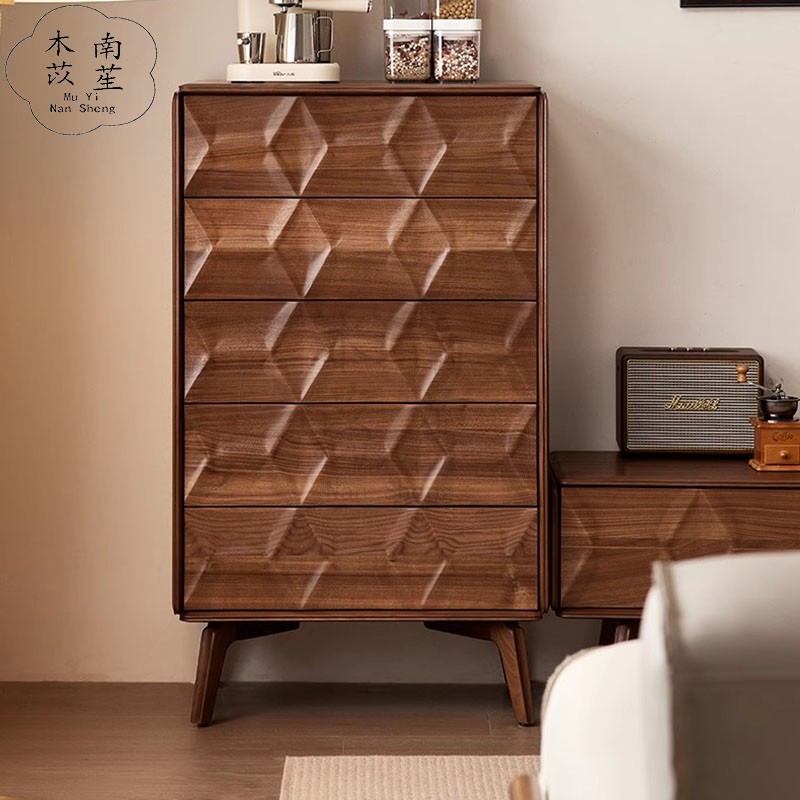 中古风全实木黑胡桃五斗柜图片