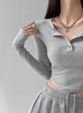 春秋新款美式灰色修身长袖打底衫女设计感T恤显瘦露脐短款上衣潮