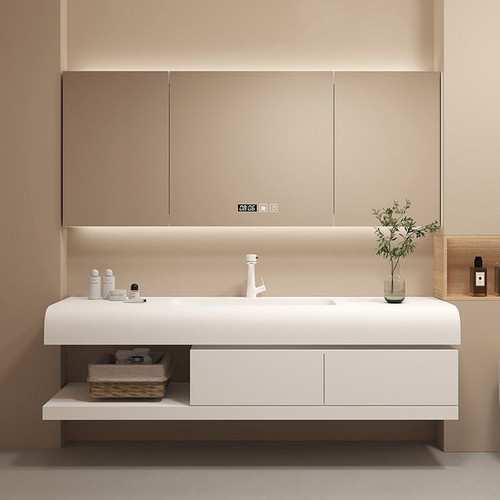 全铝蜂窝铝奶油风圆弧可丽耐肤感一体盆防水防潮浴室柜组合卫浴柜