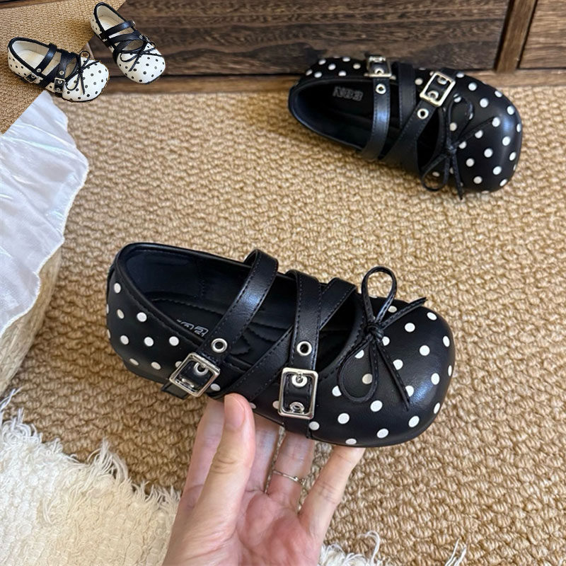 波点点黑白色洋气圆头韩系中大童女童小女孩瓢鞋小皮鞋单鞋子豆豆