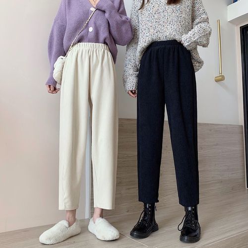 Granny corduroy pants women's autumn and winter loose Plush 2020 Harlem straight casual pants with high waistline and wide feel