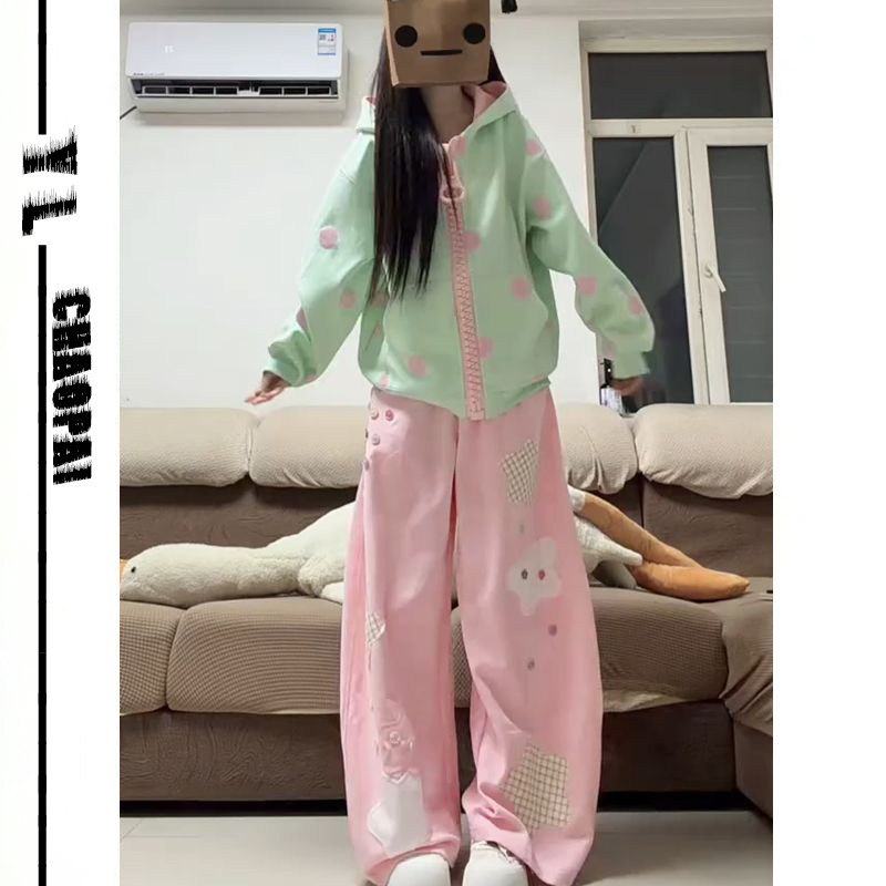 可爱波点拉链外套阔腿长裤两件套