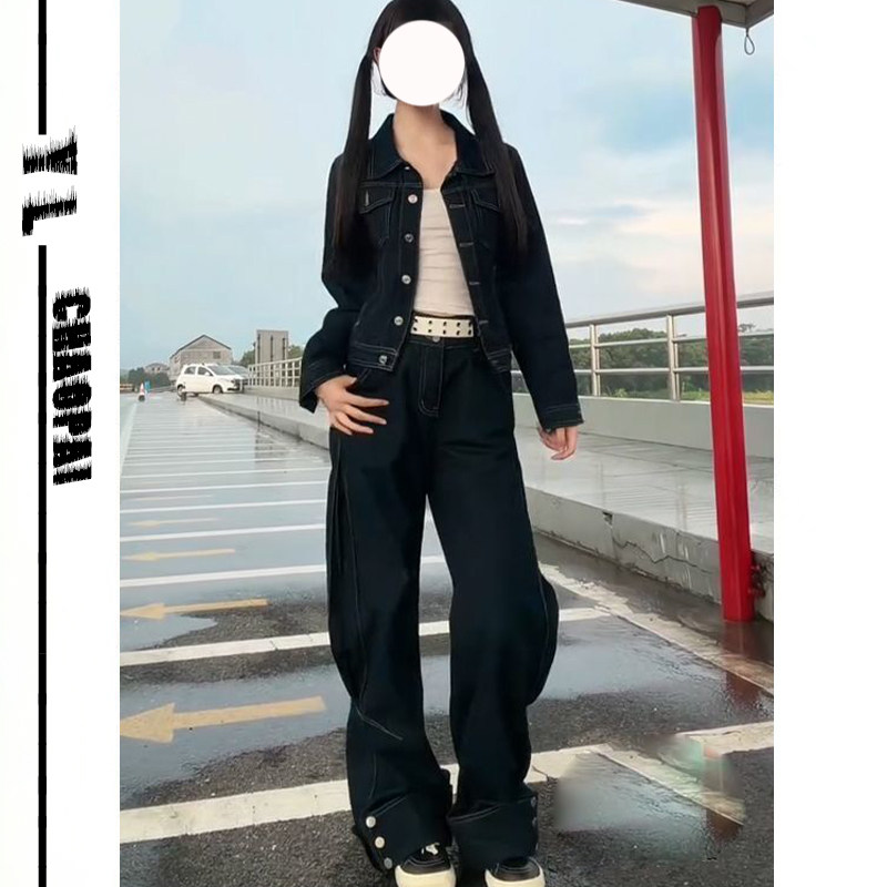 短款牛仔外套女牛仔裤腰带三件套