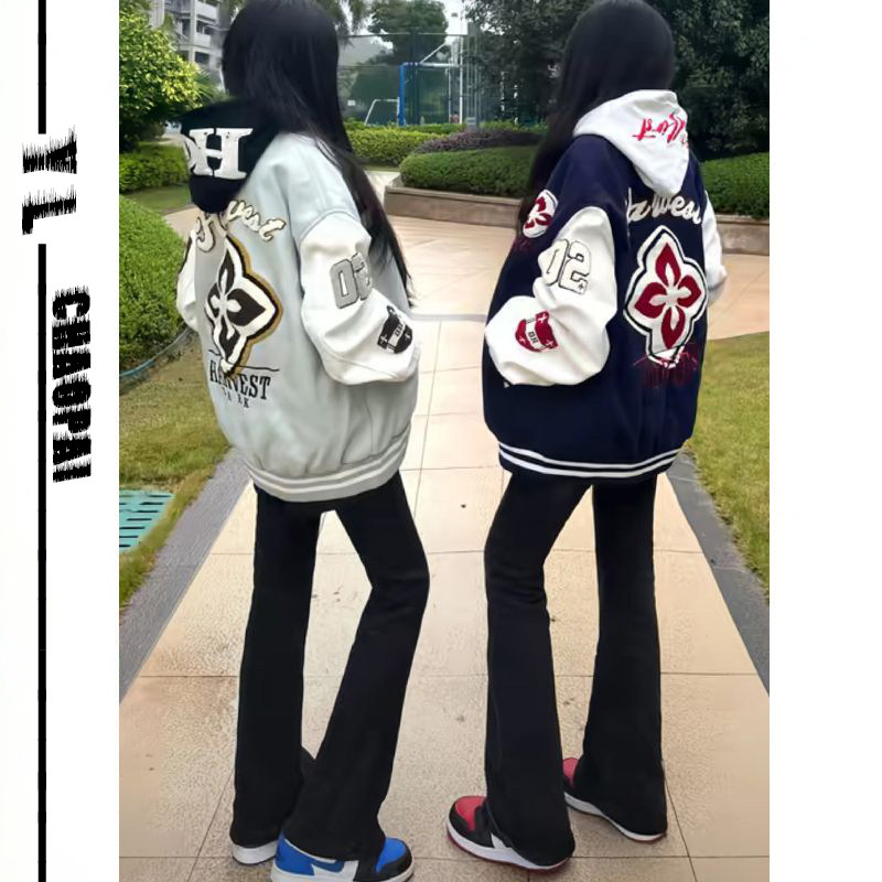 夹棉棒球服冬季微喇叭牛仔裤套装