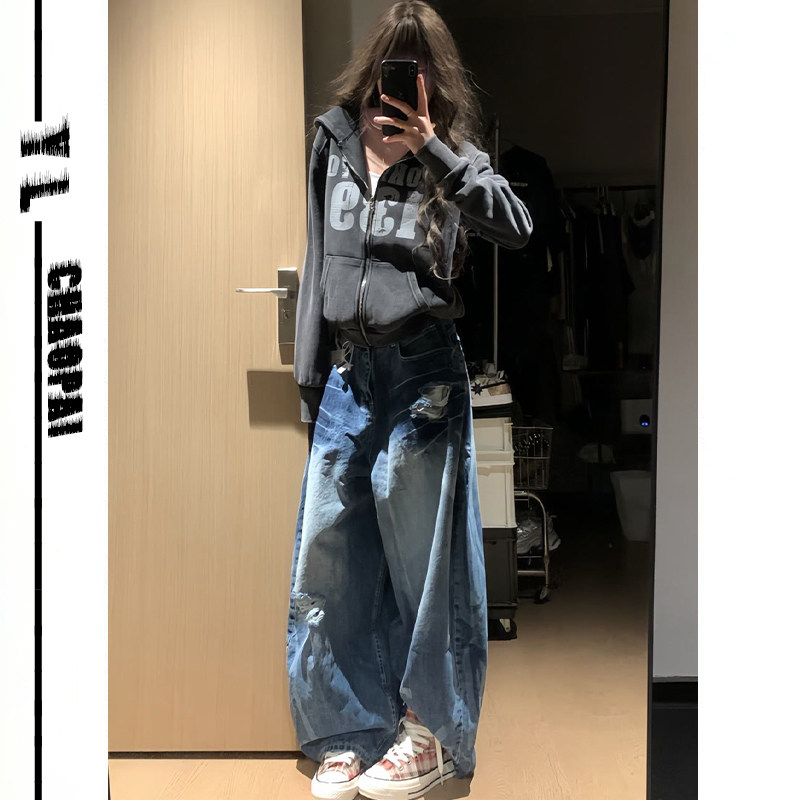 做旧印花连帽卫衣外套破洞牛仔裤
