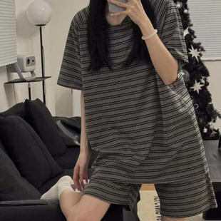 宽松家居服套装 韩版 纯棉可外穿网红风大码 条纹睡衣女夏天短袖 短裤