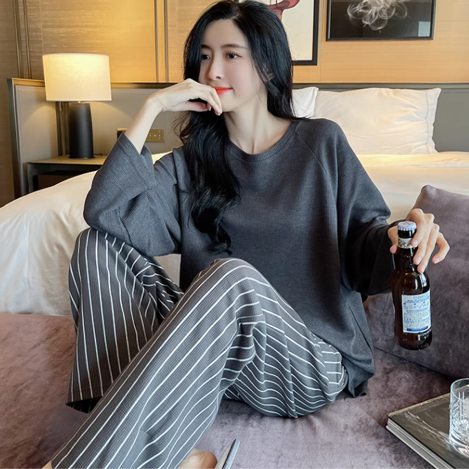 韩版简约条纹睡衣春秋季女款纯棉长袖2023新款大码休闲家居服套装