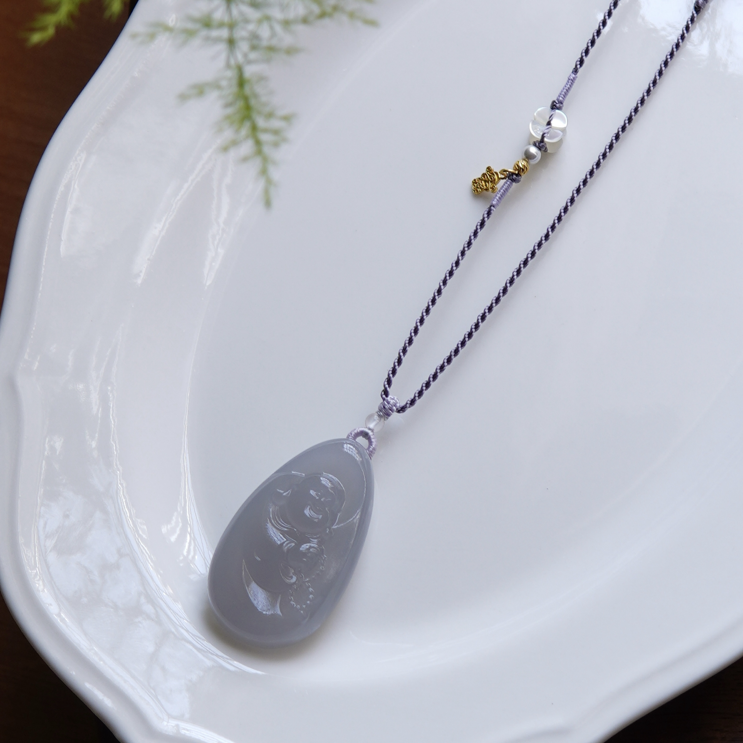 慈云渡紫 小荷才露原创和田玉烟紫弥勒佛佛公玉坠新中式挂绳 孤品