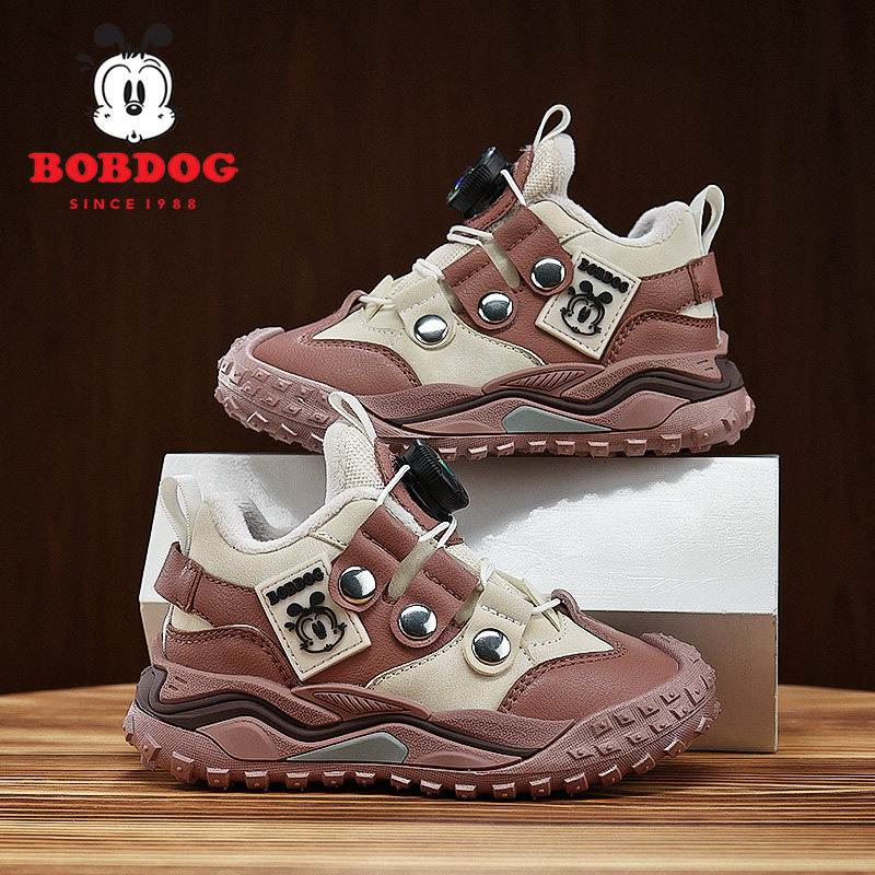 巴布豆男童鞋旋转纽扣冬季新款加绒二棉小女孩百搭鞋子儿童运动鞋