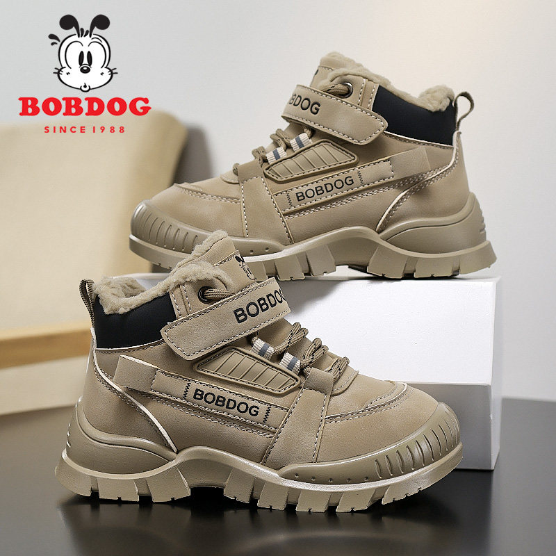 巴布豆正品男童马丁靴冬季新款小女孩皮面大棉鞋加绒儿童短靴鞋子