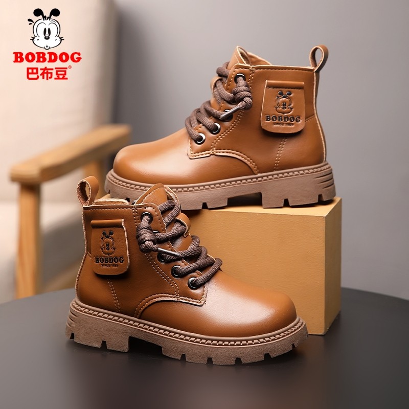 巴布豆正品男童马丁靴冬季新款小女孩大棉鞋皮面加绒儿童短靴鞋子
