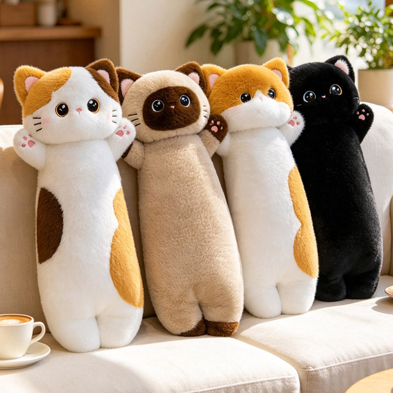 可爱长条猫咪毛绒玩具公仔黑猫花猫玩偶公仔暹罗生日礼物布娃娃