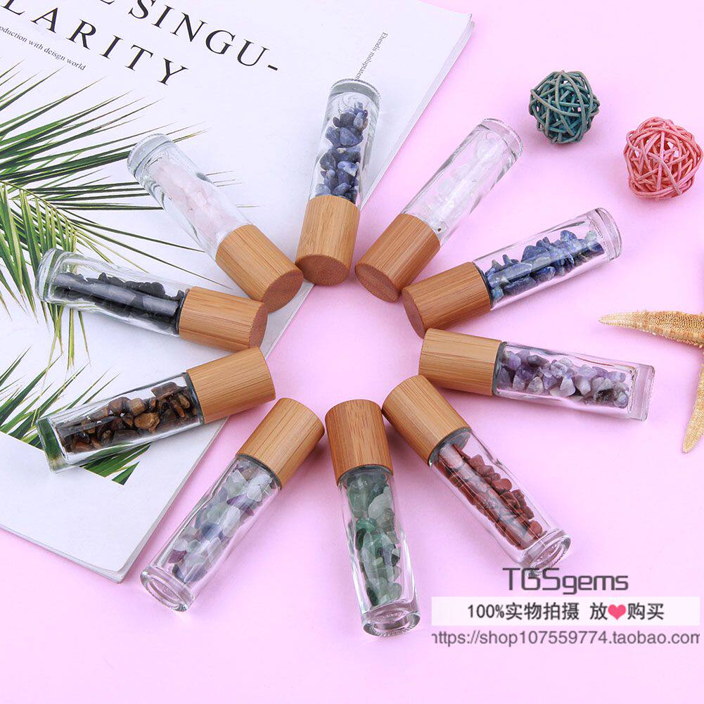 10ML 대나무 뚜껑 롤링 볼 유리 병 천연 옥 롤링 볼 자갈 에센셜 오일 병 준 보석 향수 병