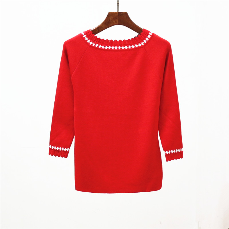 春秋韩版女装撞色花边一字领九分袖冰丝针织衫修身显瘦打底衫上衣