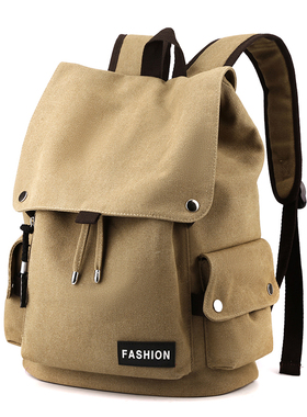 新款休闲帆布双肩包透气户外旅行背包男女包盖束口结实学生书包