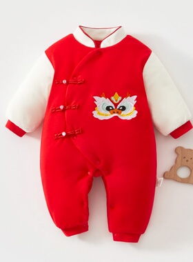 婴儿红色连体衣秋冬季新生儿外出抱衣夹棉衣加厚冬装宝宝过年衣服