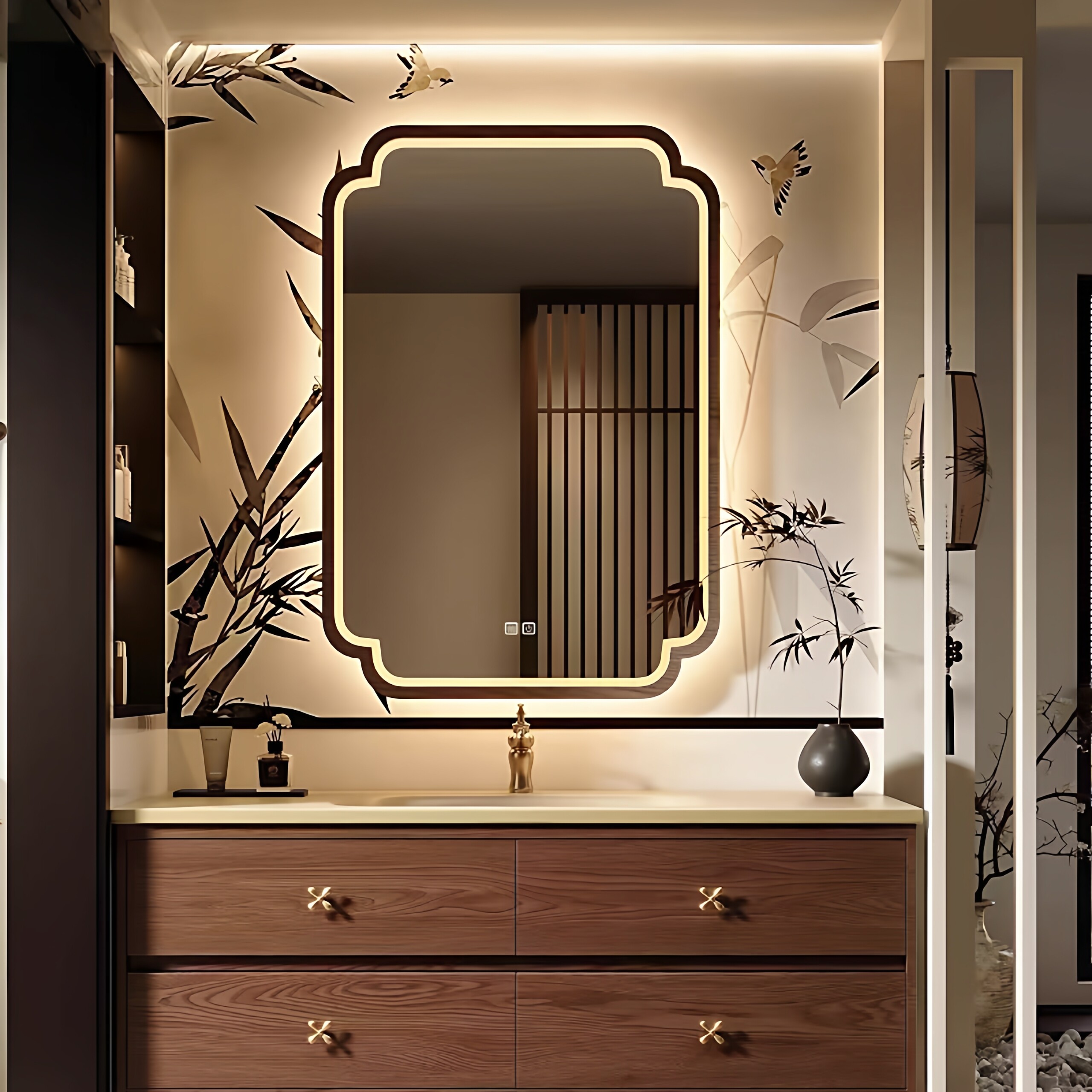 宋式美学海棠镜LED带灯民宿酒店异形壁挂化妆镜 新中式智能浴室镜