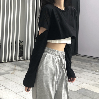 假两件长袖破洞短款上衣