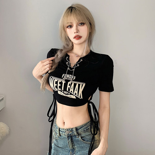 超短款露脐抽绳绑带短袖T恤女