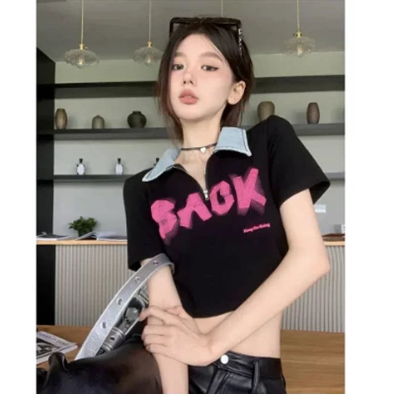 正肩美式复古字母网格印花polo领图片