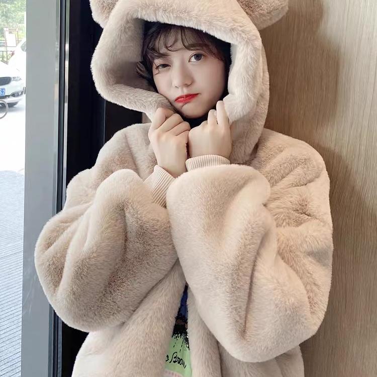 耳朵羊羔毛绒卫衣帽衫女