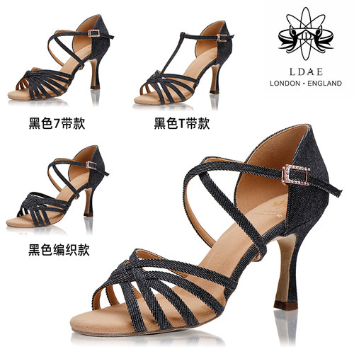 LDAE拉丁舞鞋黑色牛仔布女成人专业比赛拉丁专业中高跟软底舞鞋