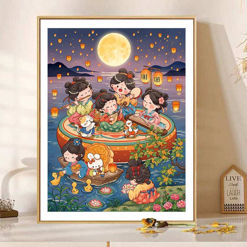 中秋夜仕女合乐图十字绣小件卧室