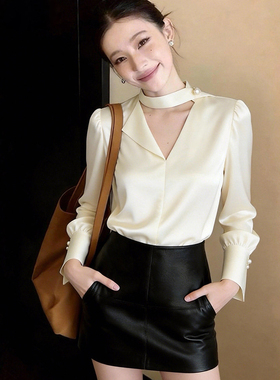 法式v领飘带挂脖衬衫女春秋小个子高级感内搭衬衣垂感泡泡袖上衣