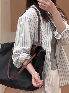 蓝色条纹防晒衬衫外套女夏季小个子宽松慵懒风衬衣开衫长袖上衣