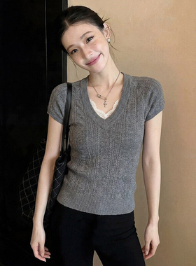 灰色假两件蕾丝v领针织衫短袖t恤女夏季薄款小个子修身显瘦上衣
