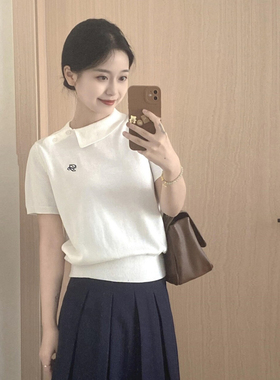 白色刺绣冰丝polo领短袖针织衫女夏季薄款小个子翻领t恤收腰上衣