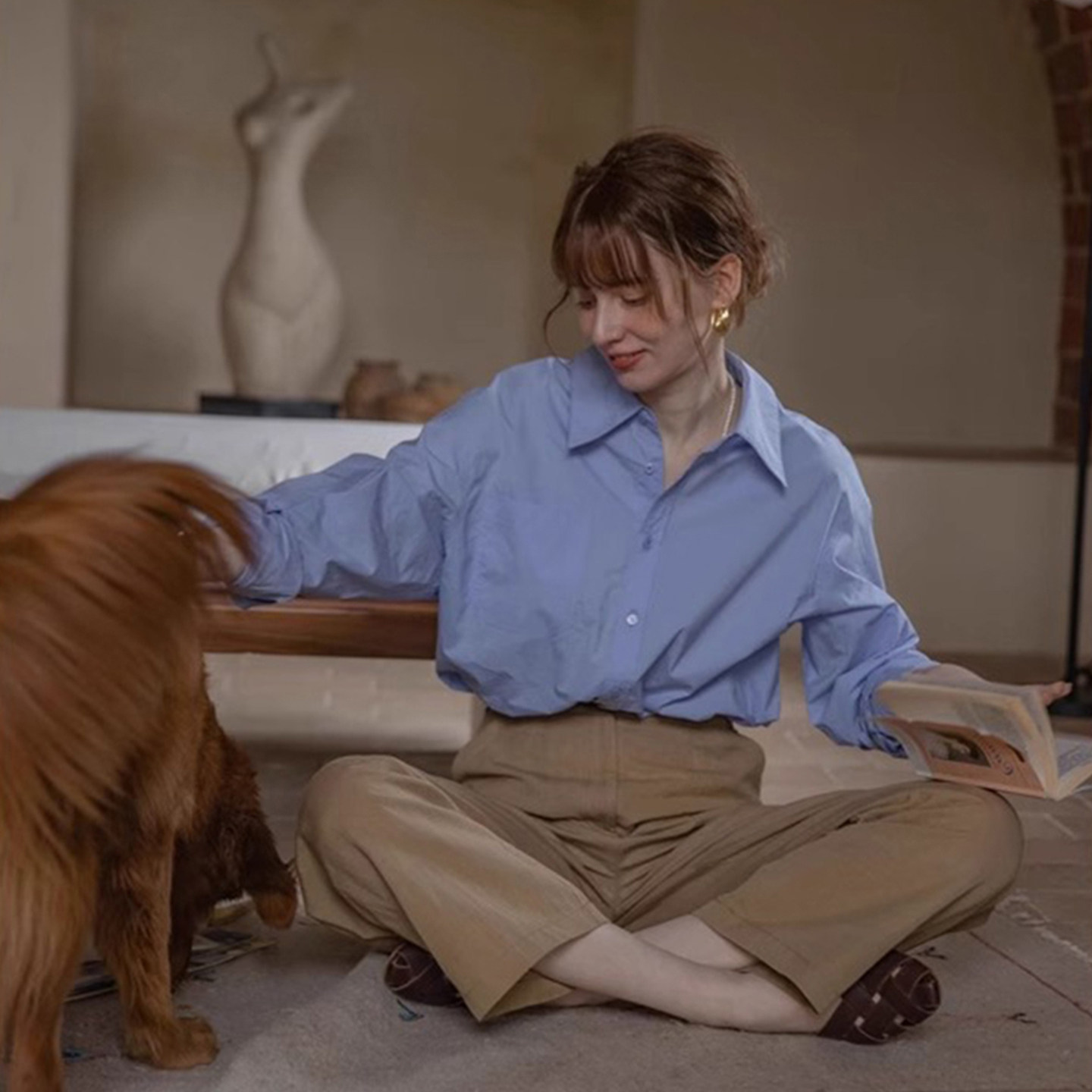 法式蓝色衬衫女春秋2026新款小个子长袖衬衣职业通勤内搭叠穿上衣