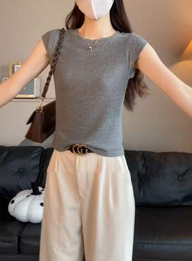 灰色圆领短袖t恤女夏季2026新款小个子修身显瘦打底衫小飞袖上衣