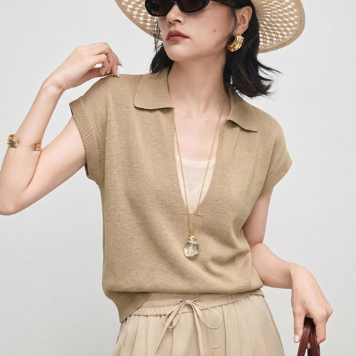老钱风翻领针织衫短袖女夏季正肩