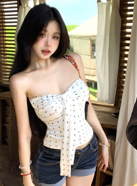 白色波点抹胸背心女夏季外穿小个子辣妹性感无袖紧身裹胸短款上衣
