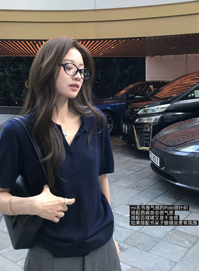 藏蓝色冰丝polo领针织短袖t恤女夏季薄款小个子v领翻领正肩上衣
