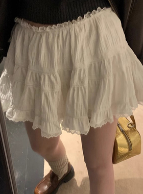 白色蕾丝边半身裙女夏季小个子高腰a字短裙防走光芭蕾风蛋糕裙子