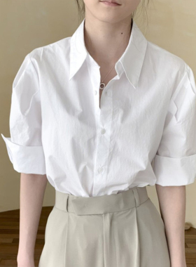 白色短袖衬衫女夏季小个子宽松翻领衬衣职业通勤面试正装半袖上衣