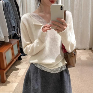 米白色v领蕾丝拼接针织衫 套头上衣 女秋冬小个子设计感内搭打底衫