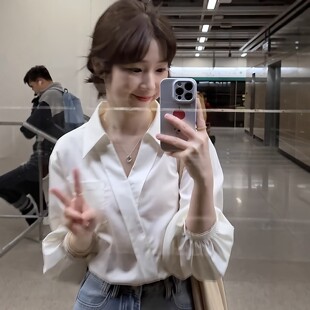 上衣 女春秋小个子翻领衬衣职业通勤面试长袖 法式 白色交叉v领衬衫