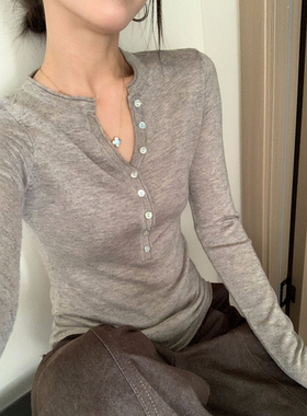 灰色半开领打底衫女春秋2026新款小个子内搭长袖t恤修身正肩上衣