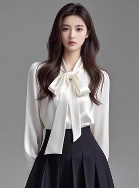 白色醋酸缎面蝴蝶结衬衫女春秋小个子内搭系带衬衣高级感长袖上衣