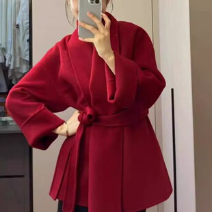 红色双面羊毛大衣女短款2025秋冬季高级感复古显瘦小个子斗篷外套