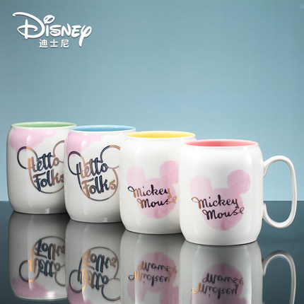 迪士尼时尚陶瓷杯带盖勺创意马克杯可爱卡通牛奶杯子米奇米妮水杯