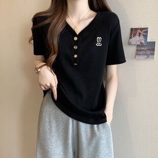 大码微胖V领正肩短袖T恤女夏季新款胖mm宽松短款显瘦遮肉上衣