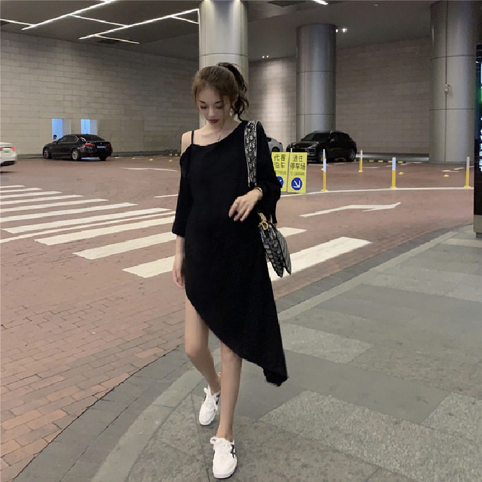 休闲时尚夏季新款港风纯色个性斜领吊带露肩不规则短袖T恤连衣裙
